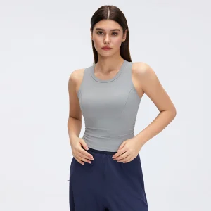 Front view of MZ-003 Silver Drop ruched waist yoga tank top.