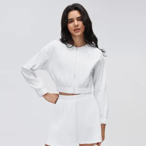 Front view of MZ-022 White waist-length cropped sports jacket.