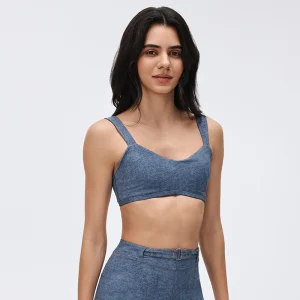 Front view of MZ-063 Light Denim sexy V-neck sports bra with wide straps.