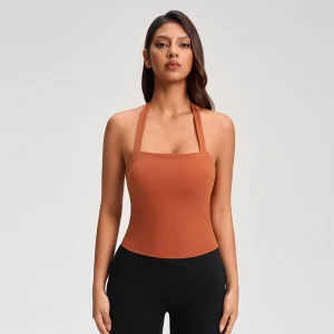 Front view of MZ-1010 Autumn Embroidery Orange halter yoga tank top.