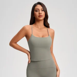Front view of MZ-1008 Warm Taupe Grey U-neck cropped yoga top.