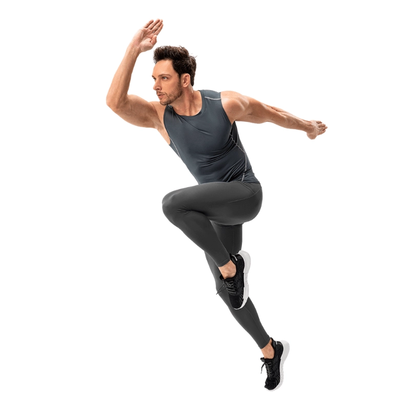 MZ-MBT001 | Wholesale Men's High-Elasticity Compression Leggings: 3D Muscle Support & Side Pocket Tech - Dark Grey - muzyoga 3 Man sprinting outdoors wearing the MZ-MBT001 compression pants.