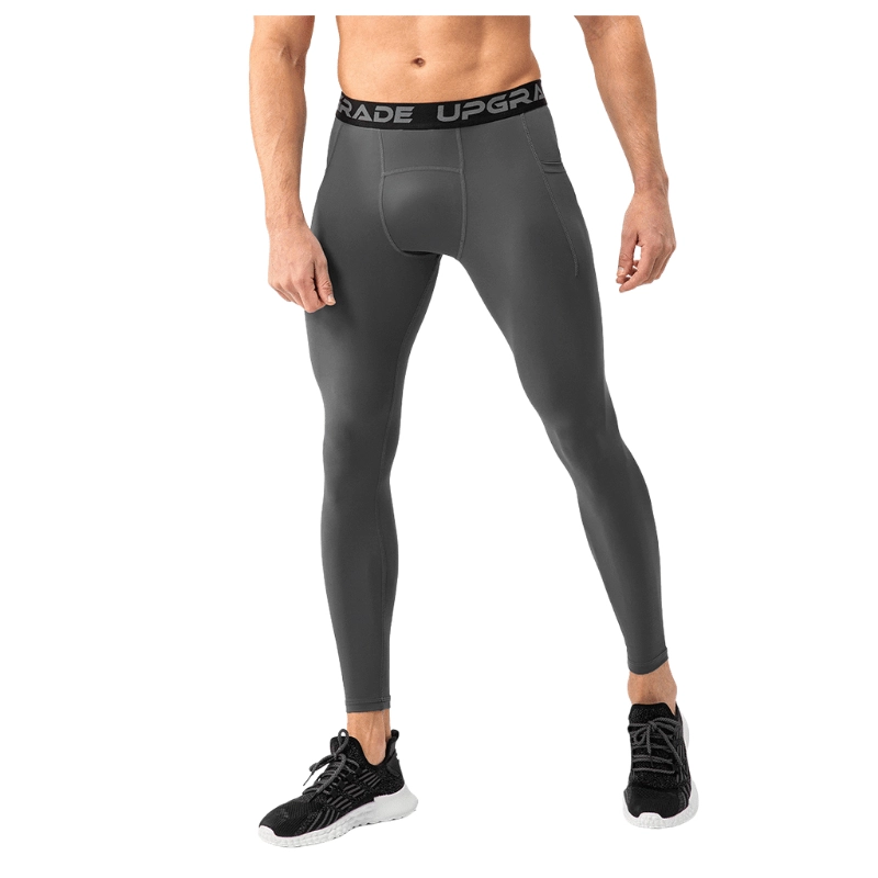 MZ-MBT001 | Wholesale Men's High-Elasticity Compression Leggings: 3D Muscle Support & Side Pocket Tech - Dark Grey - muzyoga 1 Front view of men's Dark Grey high-elasticity compression leggings.