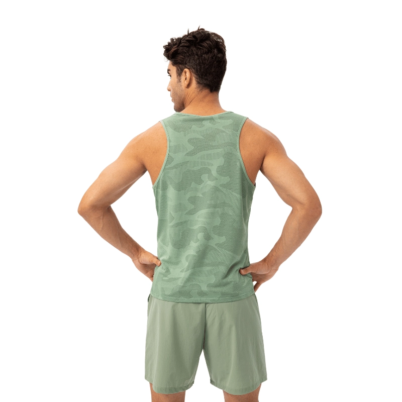 MZ-MTT002 | Wholesale Men's Performance Tank: All-Over Mesh Breathability & Quick-Dry Tech - Athletic Green - muzyoga 2 back view of the Athletic Green performance tank top.