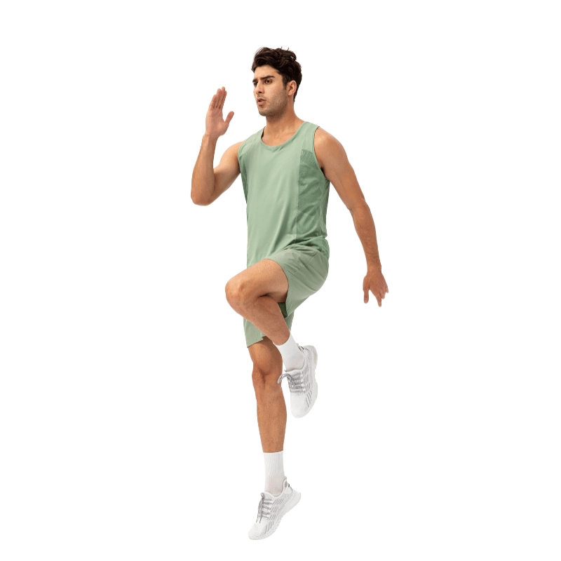 MZ-MTT002 | Wholesale Men's Performance Tank: All-Over Mesh Breathability & Quick-Dry Tech - Athletic Green - muzyoga 3 Man running outdoors wearing the MZ-MTT002 quick-dry tank.