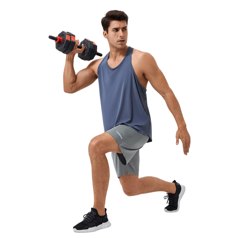 MZ-MTT003 | Wholesale Men's Professional Y-Back Training Tank: Moisture-Wicking Pores & Ruched Back Design - Greyish Blue - muzyoga 3 Man lifting dumbbells in a gym wearing the MZ-MTT003 training tank.