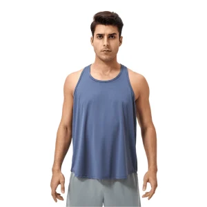 Front view of men's Greyish Blue loose-fit training tank top.