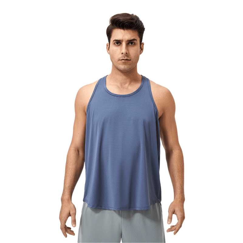 MZ-MTT003 | Wholesale Men's Professional Y-Back Training Tank: Moisture-Wicking Pores & Ruched Back Design - Greyish Blue - muzyoga 1 Front view of men's Greyish Blue loose-fit training tank top.