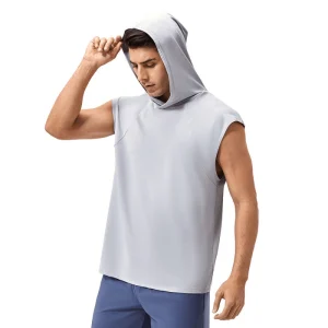 Front view of men's Light Grey hooded athletic tank top.