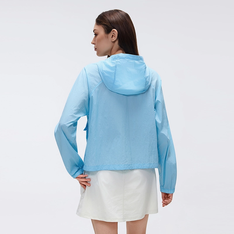 MZ-006 | Wholesale Ultra-Light Packable Sun Jacket: 25G Crinkled Nylon & Water-Repellent - Bluebell - muzyoga 2 Rear view showcasing the clean-cut athletic silhouette and hood.