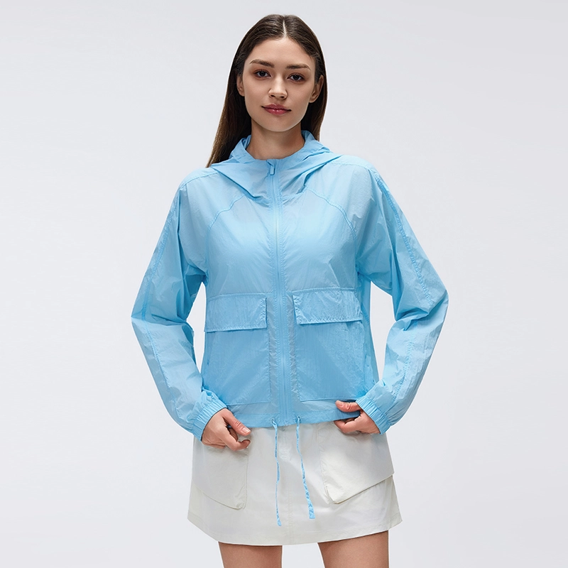 MZ-006 | Wholesale Ultra-Light Packable Sun Jacket: 25G Crinkled Nylon & Water-Repellent - Bluebell - muzyoga 1 Front view of MZ-006 Bluebell ultra-light hooded sun protection jacket.