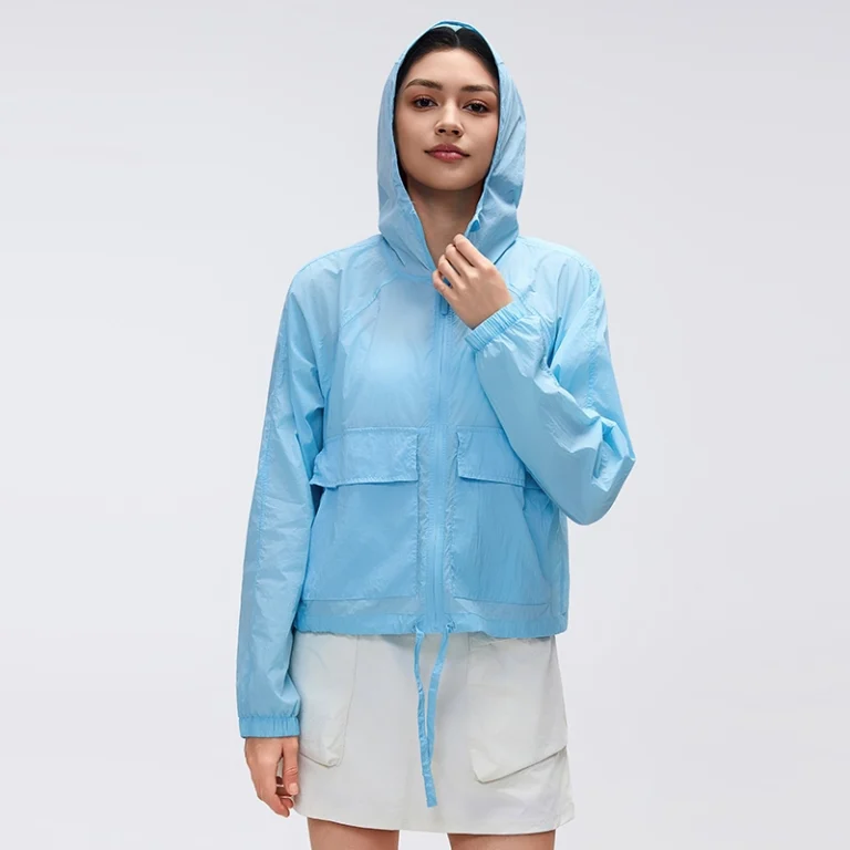 Why Apply a UV-Protective Coating to Yoga Wear: A B2B Guide for Activewear Retailers & Brands 9 Close-up of the fitted hood for maximum sun and wind protection.