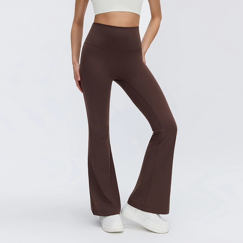 Custom No-Front-Seam Micro-Flare Leggings | MZ-017 1 Front view of MZ-017 coffee brown high-waist flare leggings without front seam.