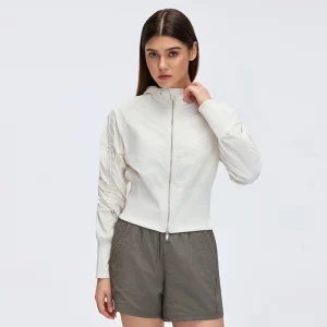 Front view of MZ-002 Light Ivory cropped hooded sports jacket.
