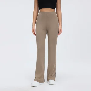 Front view of MZ-024 Khaki high-waisted ribbed flare pants with side slits.
