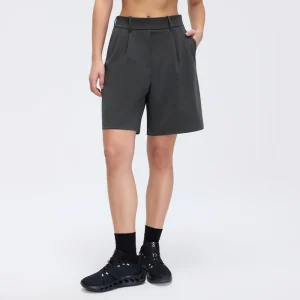 Front view of MZ-025 Graphite Grey high-waisted relaxed fit sports shorts.
