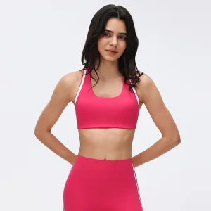 Front view of MZ-038 Candy Red high-impact contrast sports bra.
