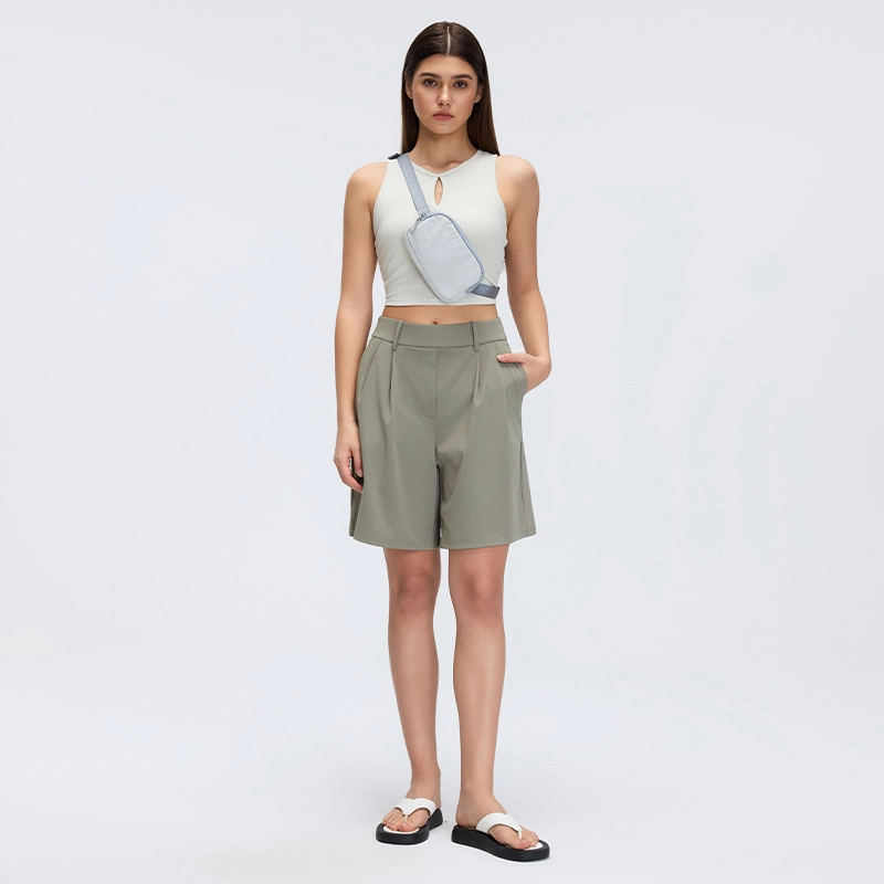 MZ-046 | Wholesale Breathable Modal Ribbed Tank: Cut-out Crew Neck & Supportive Racerback - Bone White - muzyoga 6 Lifestyle view of MZ-046 Bone White tank for daily commuting.