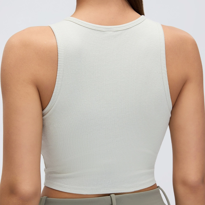 MZ-046 | Wholesale Breathable Modal Ribbed Tank: Cut-out Crew Neck & Supportive Racerback - Bone White - muzyoga 5 Close-up of the rear tight-knit racerback support structure for high stability.