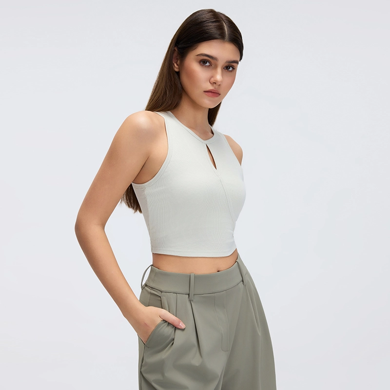 MZ-046 | Wholesale Breathable Modal Ribbed Tank: Cut-out Crew Neck & Supportive Racerback - Bone White - muzyoga 3 Side view highlighting the sculpting fit and comfortable underarm cut.