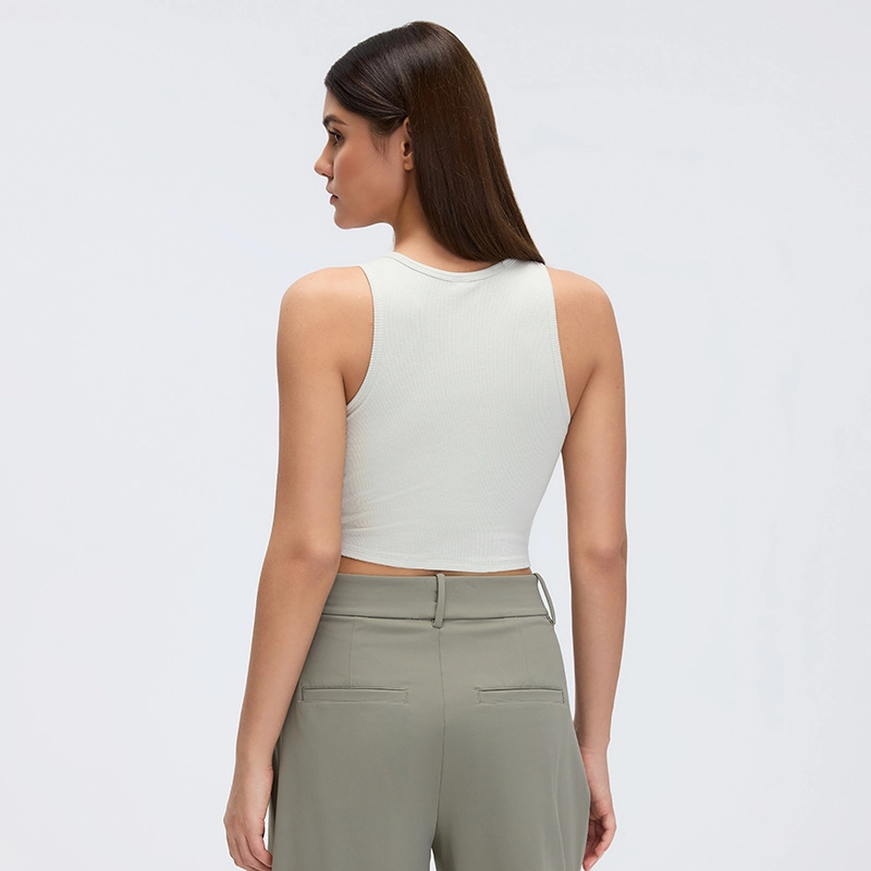 MZ-046 | Wholesale Breathable Modal Ribbed Tank: Cut-out Crew Neck & Supportive Racerback - Bone White - muzyoga 2 Rear view showcasing the solid supportive racerback and sleek fit.
