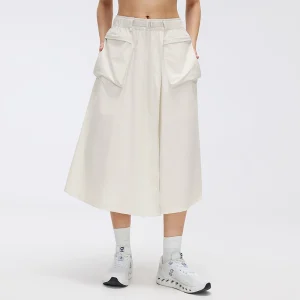 Front view of MZ-048 Light Ivory high-waisted midi utility skirt.