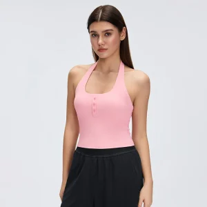Custom OEM/ODM Solution 21 Front view of MZ-051 Dewdrop Pink halter U-neck sports tank top.