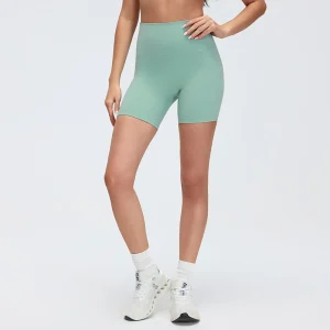 Front view of MZ-067 Seafoam Green high-waisted mini yoga shorts.