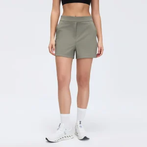 Front view of MZ-075 Warm Taupe high-waisted elastic sports shorts.