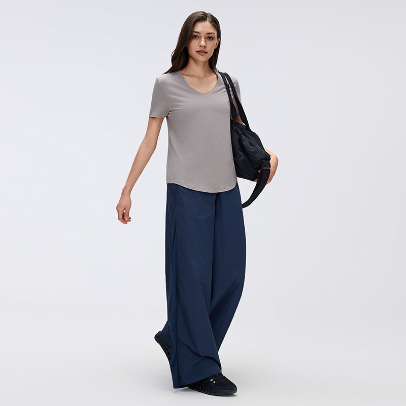 Custom Women's V-Neck Lyocell-Cotton T-Shirt | MZ-087 8 Lifestyle view of MZ-087 grey T-shirt for daily casual wear.