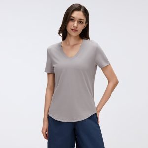 Front view of MZ-087 Elegant Grey V-neck regular-shoulder T-shirt.