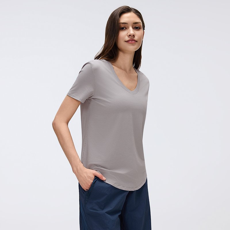 Custom Women's V-Neck Lyocell-Cotton T-Shirt | MZ-087 3 Side view highlighting the supportive curved hemline.
