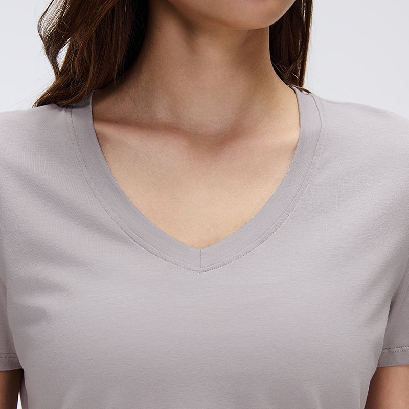 Custom Women's V-Neck Lyocell-Cotton T-Shirt | MZ-087 4 Close-up of the V-neckline designed to elongate the neck.