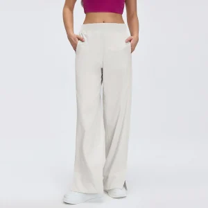 Front view of MZ-091 Light Ivory high-waisted wide-leg athletic pants.