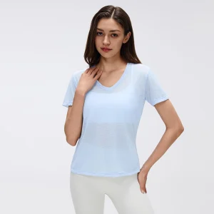 Front view of MZ-098 Blue Linen loose fit V-neck sports T-shirt.