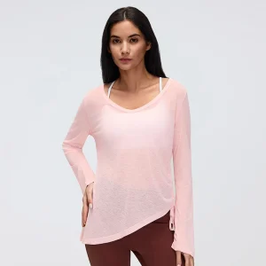 Front view of MZ-100 pink V-neck long sleeve with side drawstring.