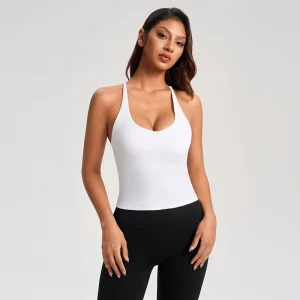 Front view of MZ-1009 White U-neck slimming yoga tank top.