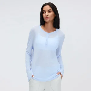 Front view of MZ-101 Blue Linen button-up long sleeve sports top.