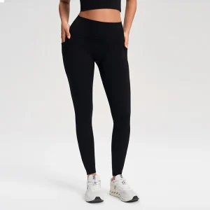 Front view of MZ-1013 Black high-waist 7/8 length yoga leggings.
