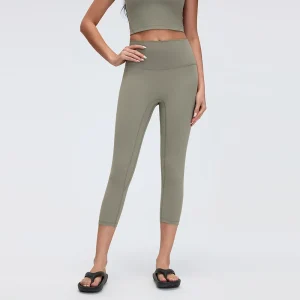 Front view of MZ-102 Warm Taupe high-waisted 3/4 leggings without front seam.