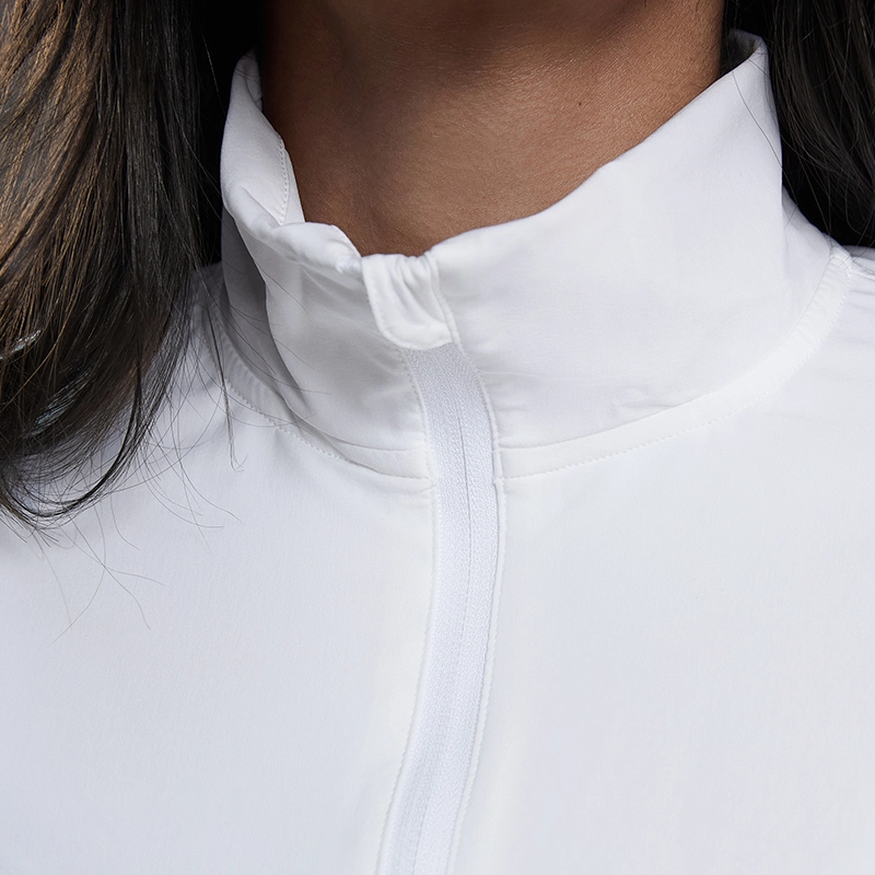 MZ-105 | Wholesale Cotton-Feel Sun Protection Jacket: 165G 4-Way Stretch & Stand Collar - White - muzyoga 3 Close-up of the structured stand collar for style and sun protection.