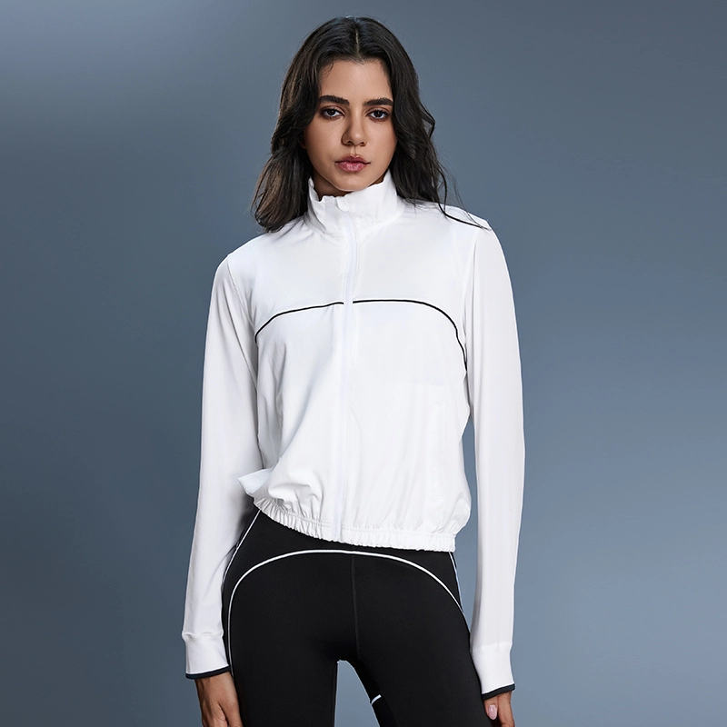 MZ-105 | Wholesale Cotton-Feel Sun Protection Jacket: 165G 4-Way Stretch & Stand Collar - White - muzyoga 1 Front view of MZ-105 White sport jacket with a stylish stand collar.