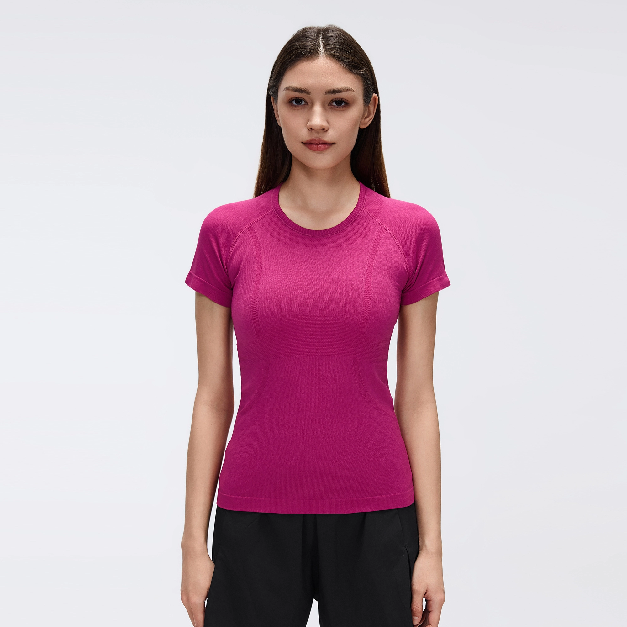 MZ-2067 | Wholesale Seamless Performance Tee: 160G Breathable Nylon & Back Ventilation - Smoky Magenta - muzyoga 1 Front view of MZ-2067 Smoky Magenta seamless crew neck sports T-shirt.