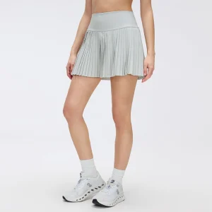 Front view of MZ-388 Steam Grey high-waisted pleated tennis skirt.