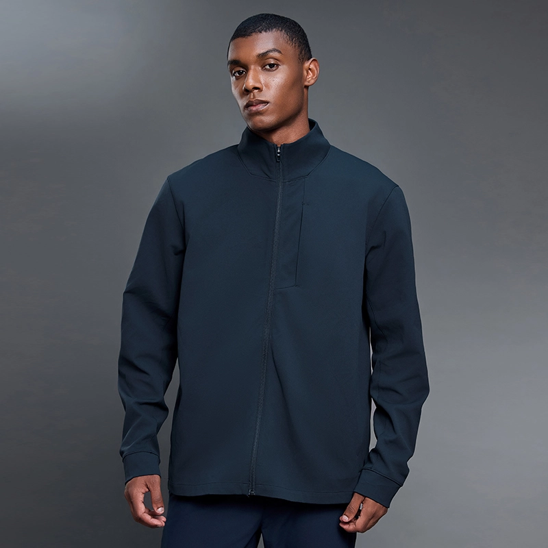 MZ-MJ001 | Wholesale Men's Full-Zip Performance Jacket: 200G Fine-Ribbed Tech Fabric & Secure Zip Pockets - Deep Sea Blue - muzyoga 1 Front view of men's Deep Sea Blue performance zip-up jacket.