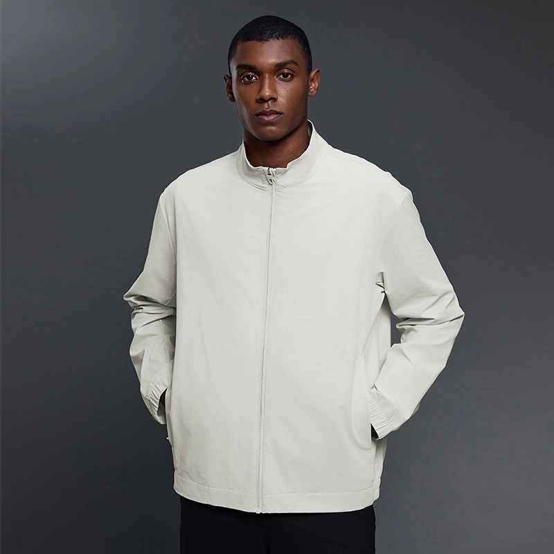 MZ-MJ003 | Wholesale Men's Ultra-Light Windbreaker: 145G High-Performance Fabric & Underarm Ventilation - Bone White - muzyoga 1 Front view of men's Bone White jacket with hands in pockets.