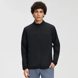 Front view of men's Black lightweight performance windbreaker.