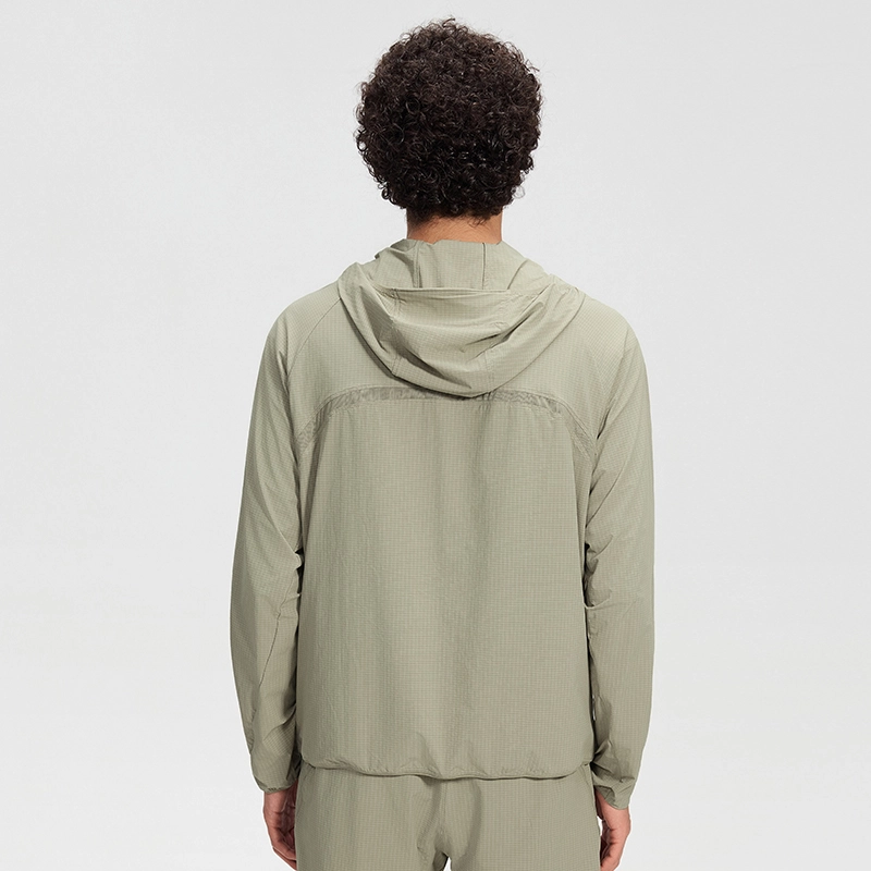 MZ-MJ006 | Wholesale Men's Hooded Training Jacket: 90G Nylon-Polyester Grid Fabric & Mesh Ventilation - Oak Brown - muzyoga 2 Back view of MZ-MJ006 jacket in oak brown showcasing fit.