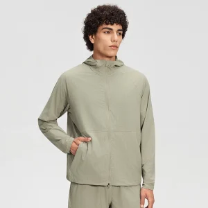 Front view of men's Oak Brown lightweight hooded training jacket.