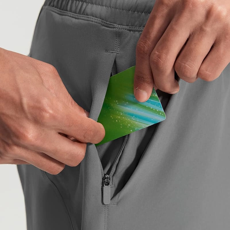 MZ-MS002 | Wholesale Men's Ultra-Light Training Shorts: 110G Performance Fabric & SBS Zipper Pockets - Deep Carbon Dust - muzyoga 3 Detailed view of the secure SBS zipper pocket on training shorts.